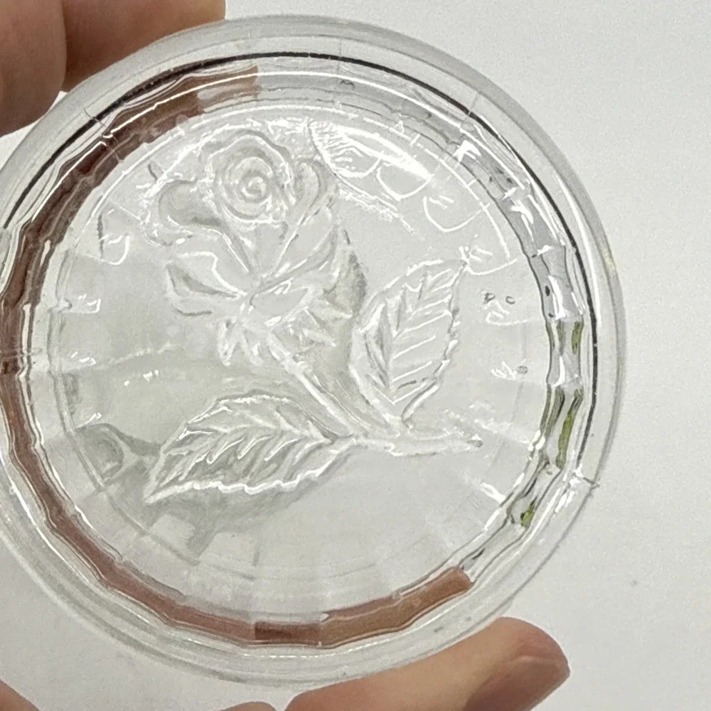 Crystal Glass Trinket Dish Etched Rose Lid Italian 2.5